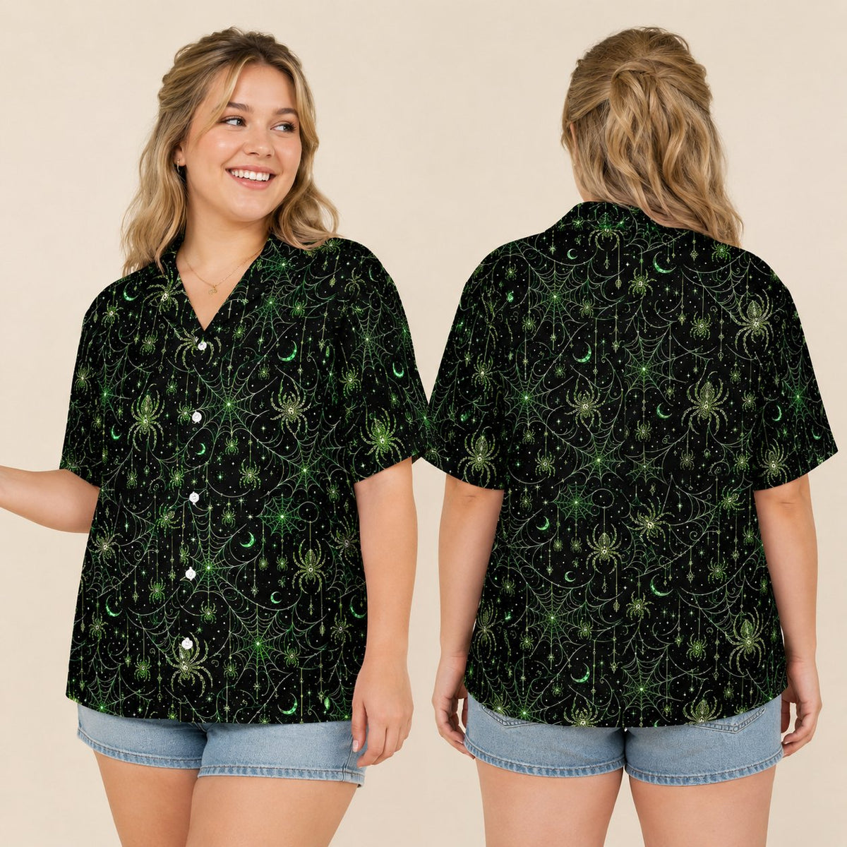 Lifestyle view of a matching family hawaiian shirt featuring halloween spider webs