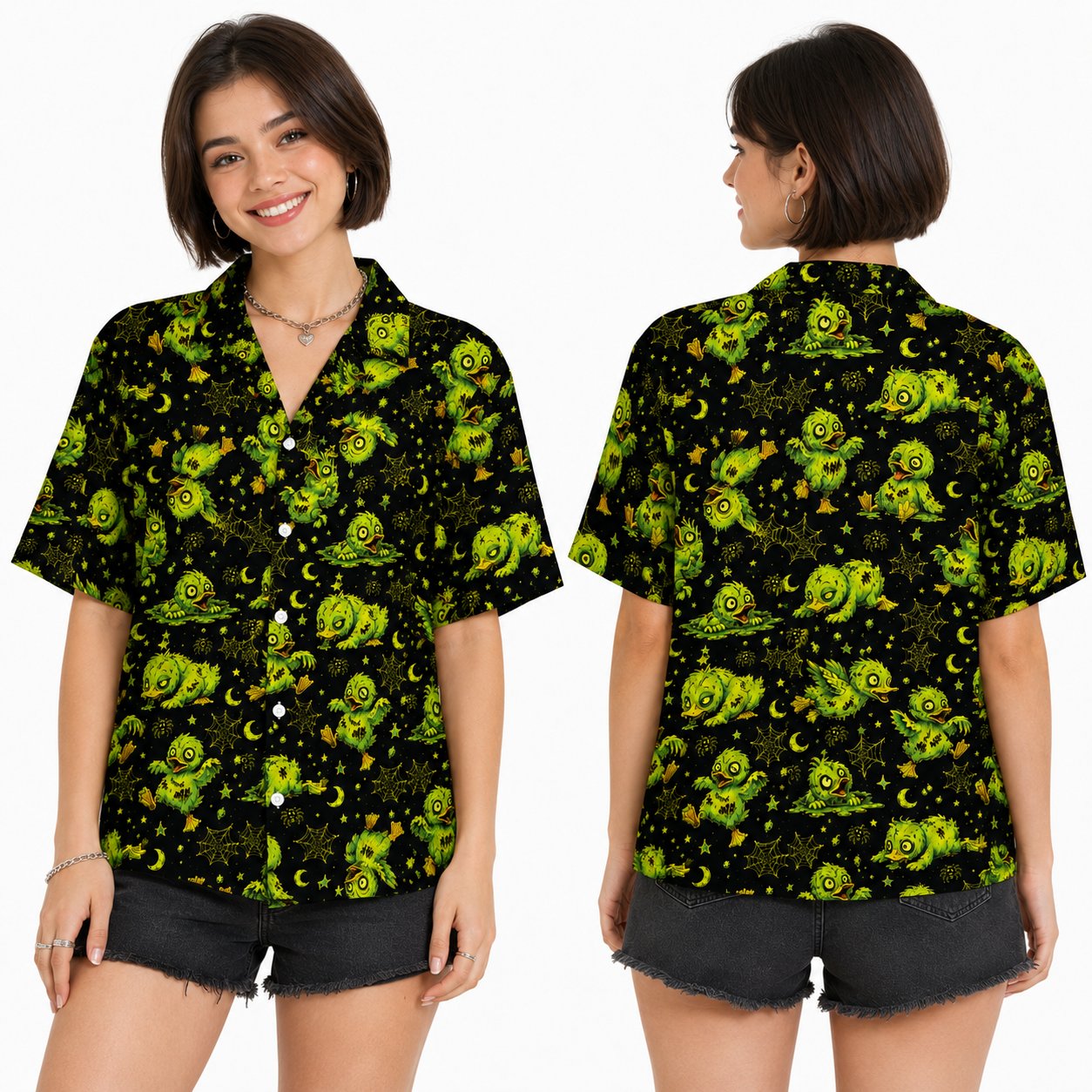 Lifestyle view of a person wearing the matching family halloween hawaiian shirt