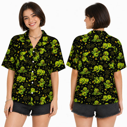 Lifestyle view of a person wearing the matching family halloween hawaiian shirt