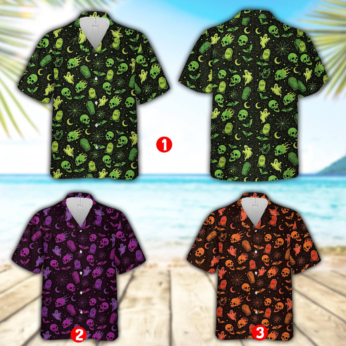 Additional view of the halloween patterned hawaiian shirt