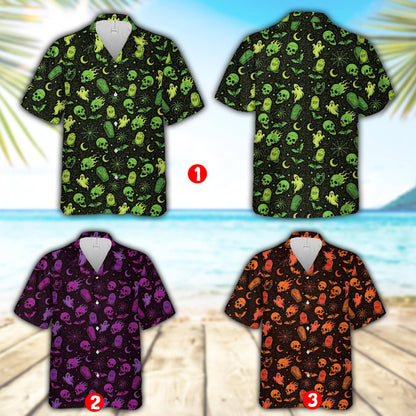 Additional view of the halloween patterned hawaiian shirt