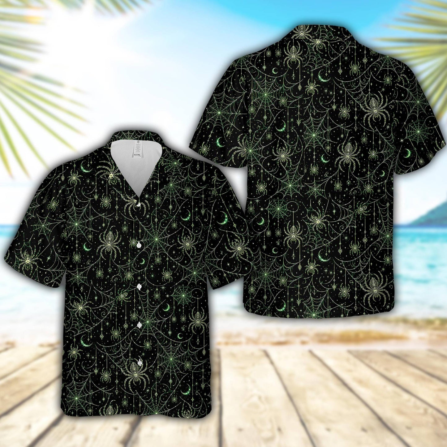 Close-up detail view of the halloween hawaiian shirt with green moons and stars on black