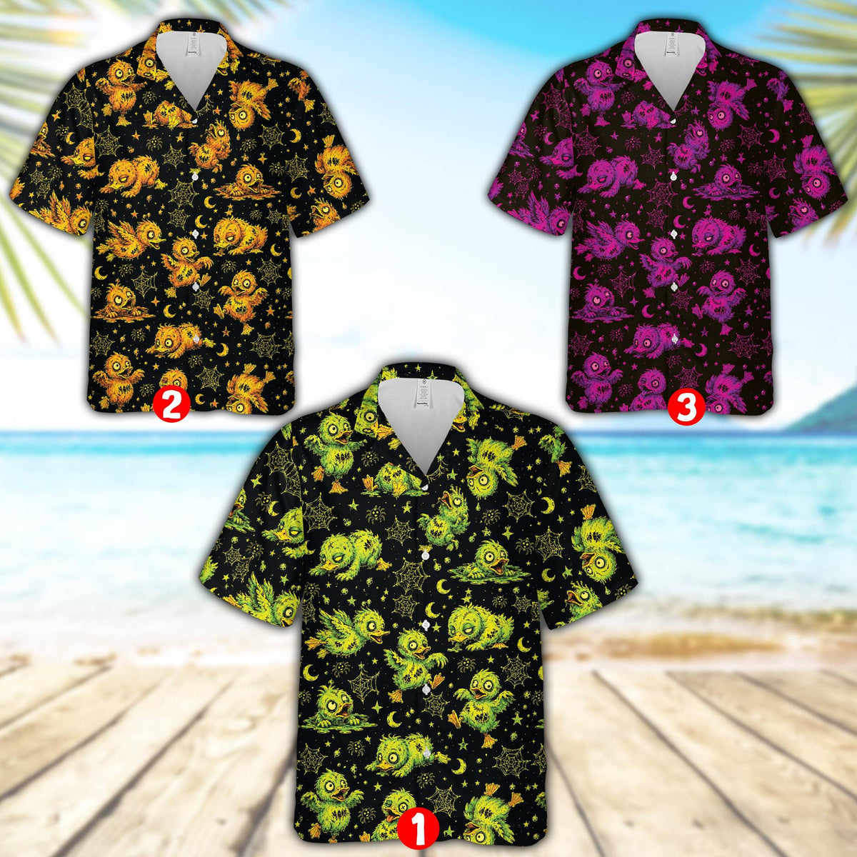 Close up view of the spooky zombie chick pattern on the halloween hawaiian shirt