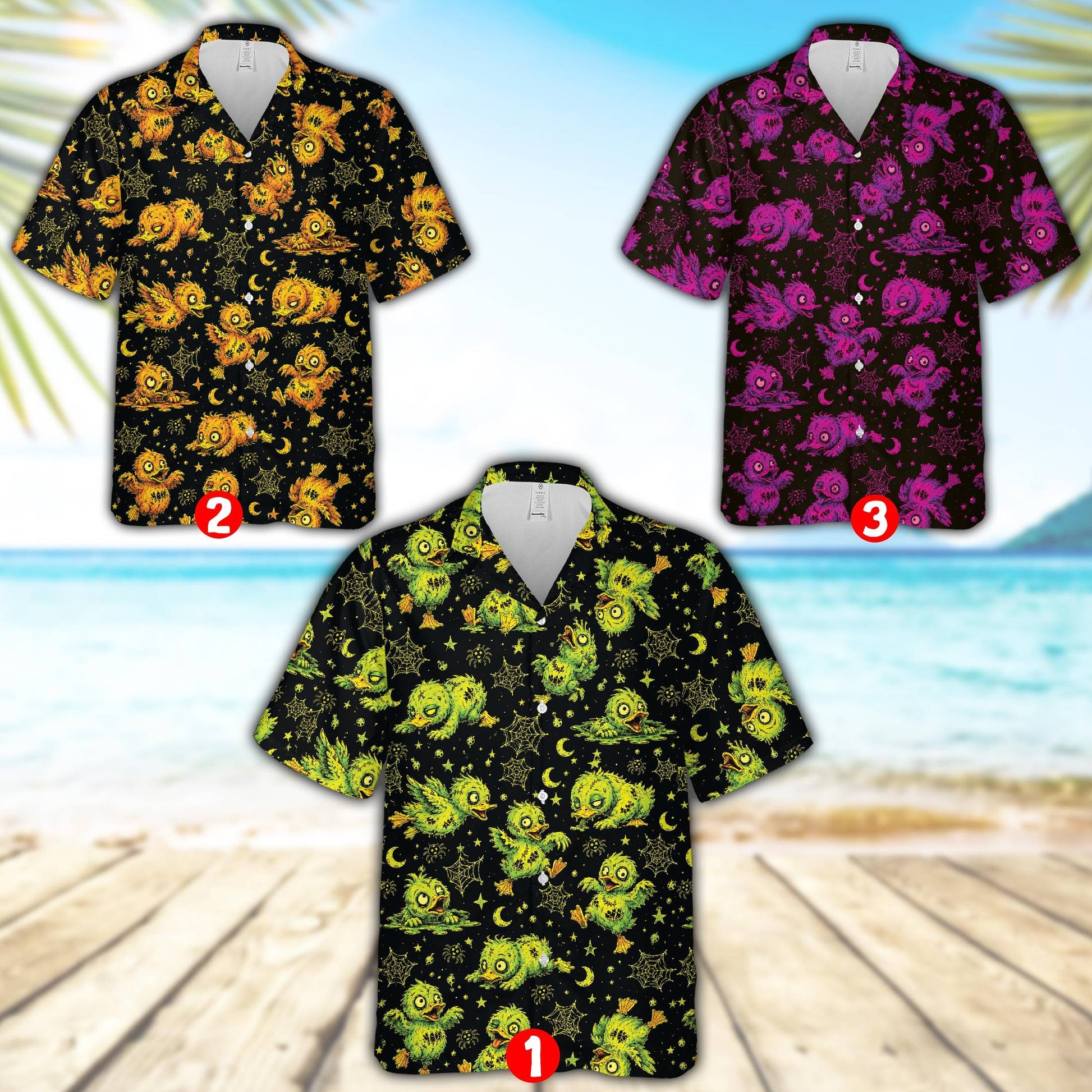 Close up view of the spooky zombie chick pattern on the halloween hawaiian shirt