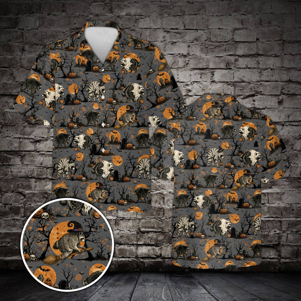 Front view of the halloween raccoon hawaiian shirt in gray tones