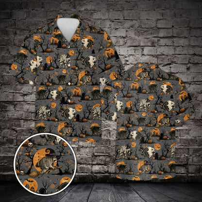 Front view of the halloween raccoon hawaiian shirt in gray tones