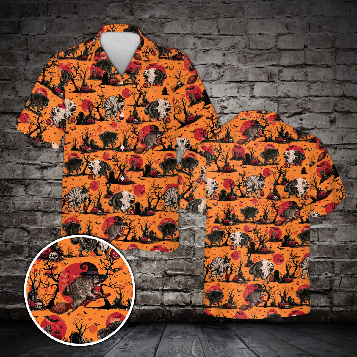 Front view of the halloween raccoon graveyard hawaiian shirt in multicolor