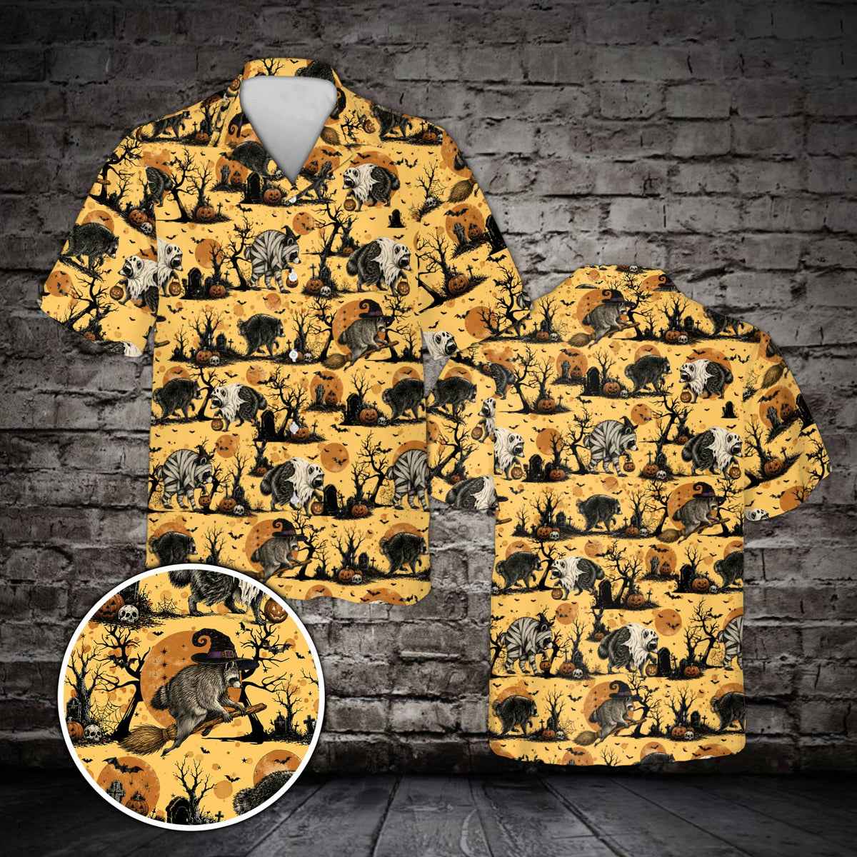Another front view of the matching family hawaiian shirt featuring spooky raccoons