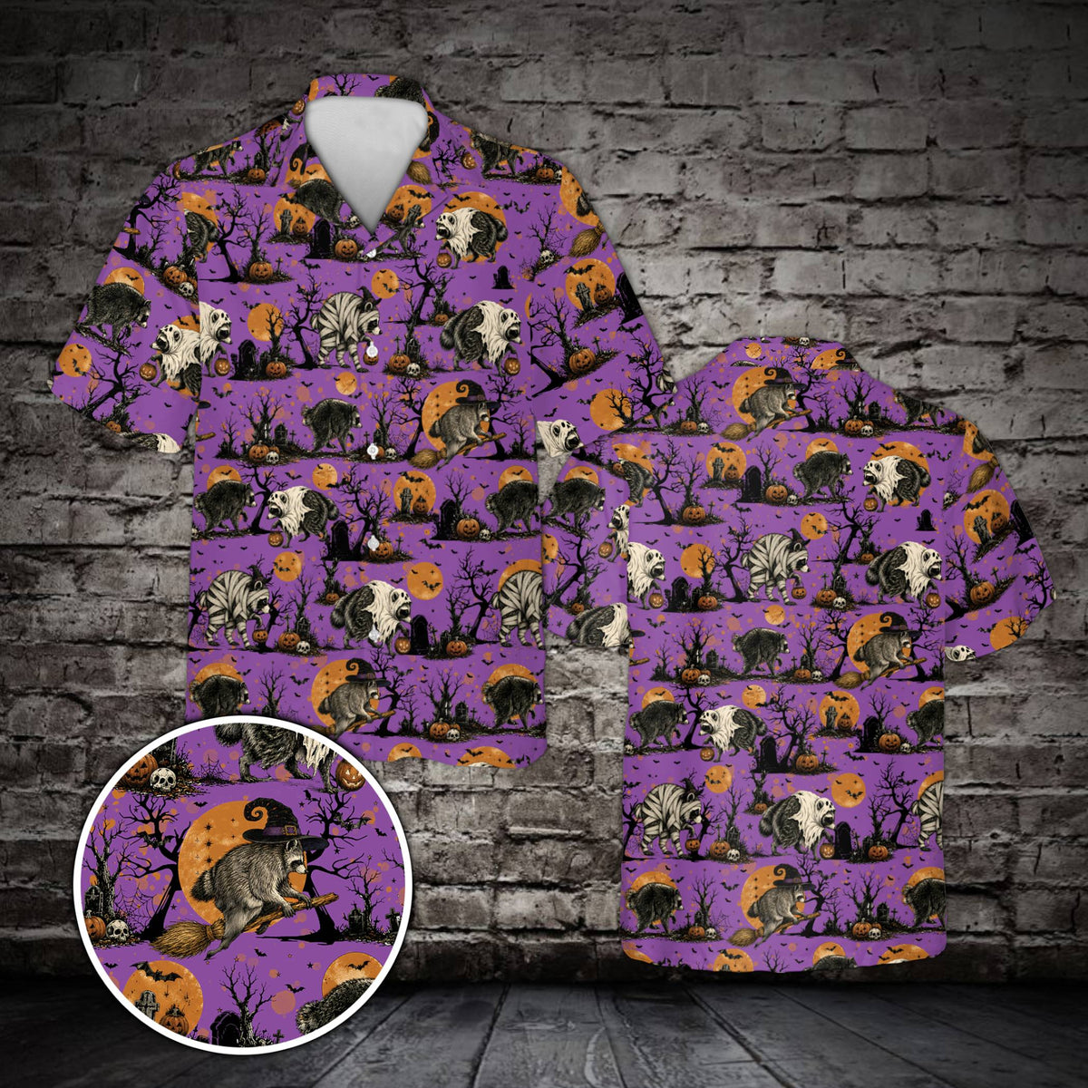 Detailed front view of the halloween raccoon graveyard print hawaiian shirt