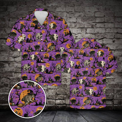 Detailed front view of the halloween raccoon graveyard print hawaiian shirt