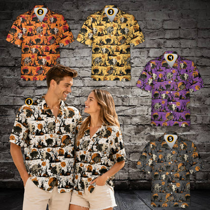Lifestyle view of a family wearing matching halloween raccoon graveyard hawaiian shirts