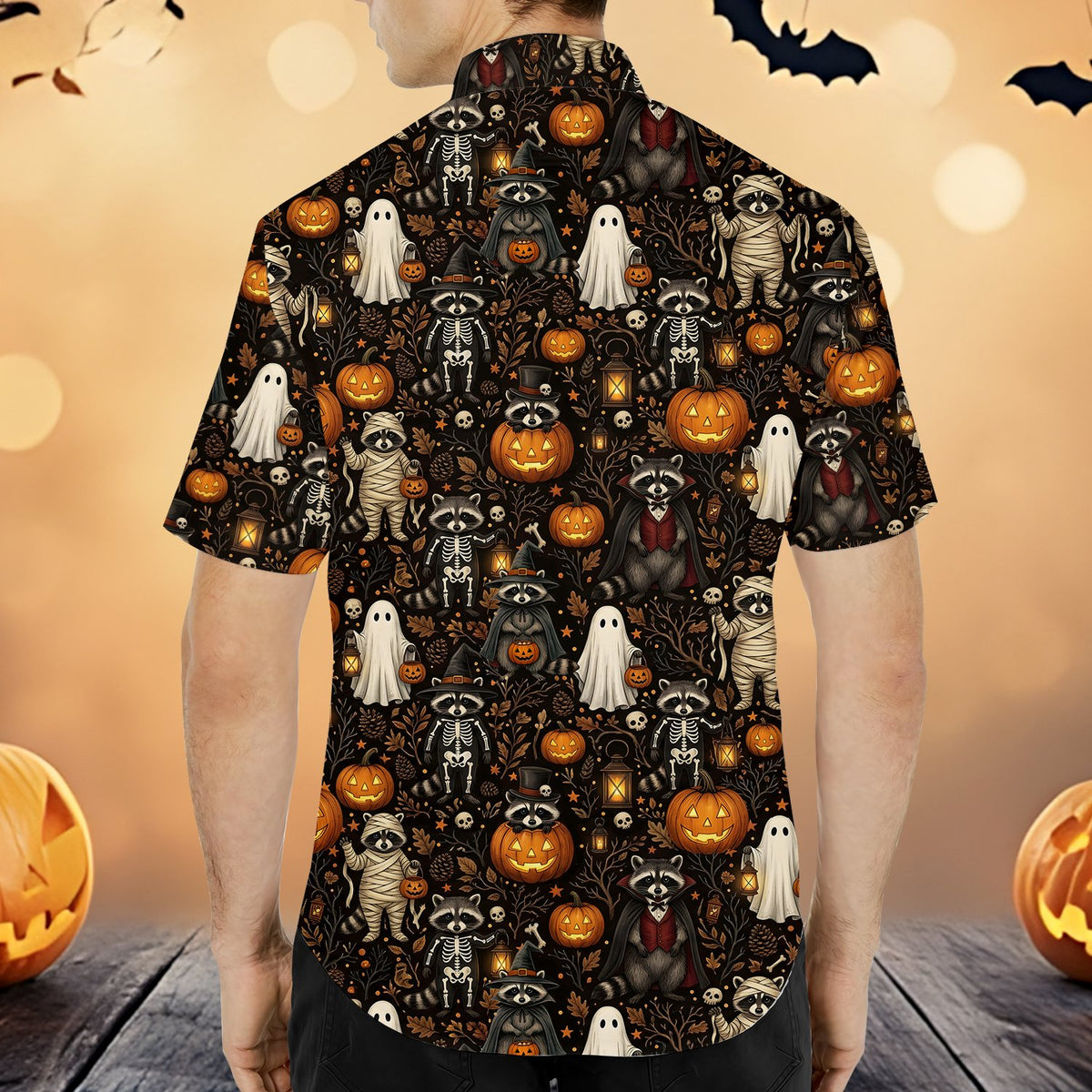 Matching hawaiian shirts for family with halloween raccoons, back view.