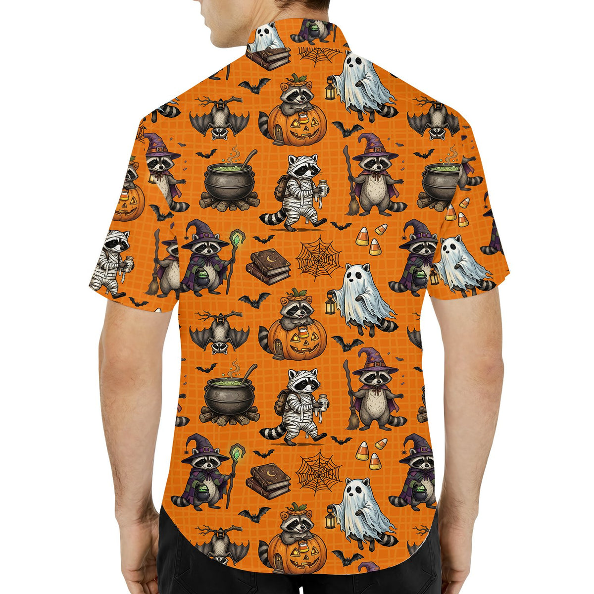 Matching family hawaiian shirts featuring a halloween raccoon design, alternate back view