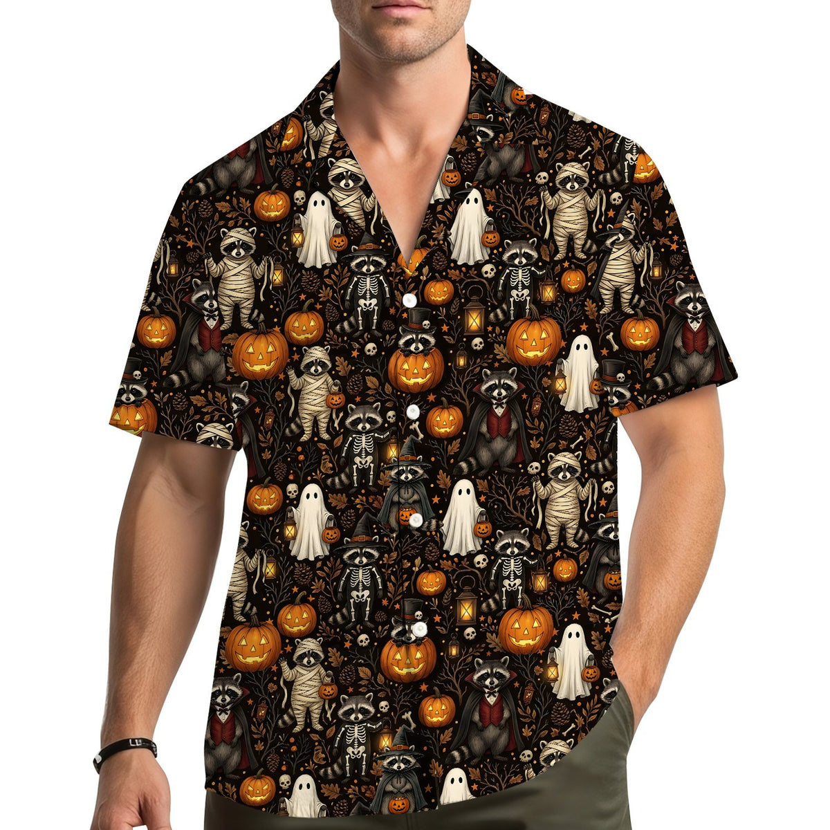 Spooky themed halloween raccoon hawaiian shirt, back view.
