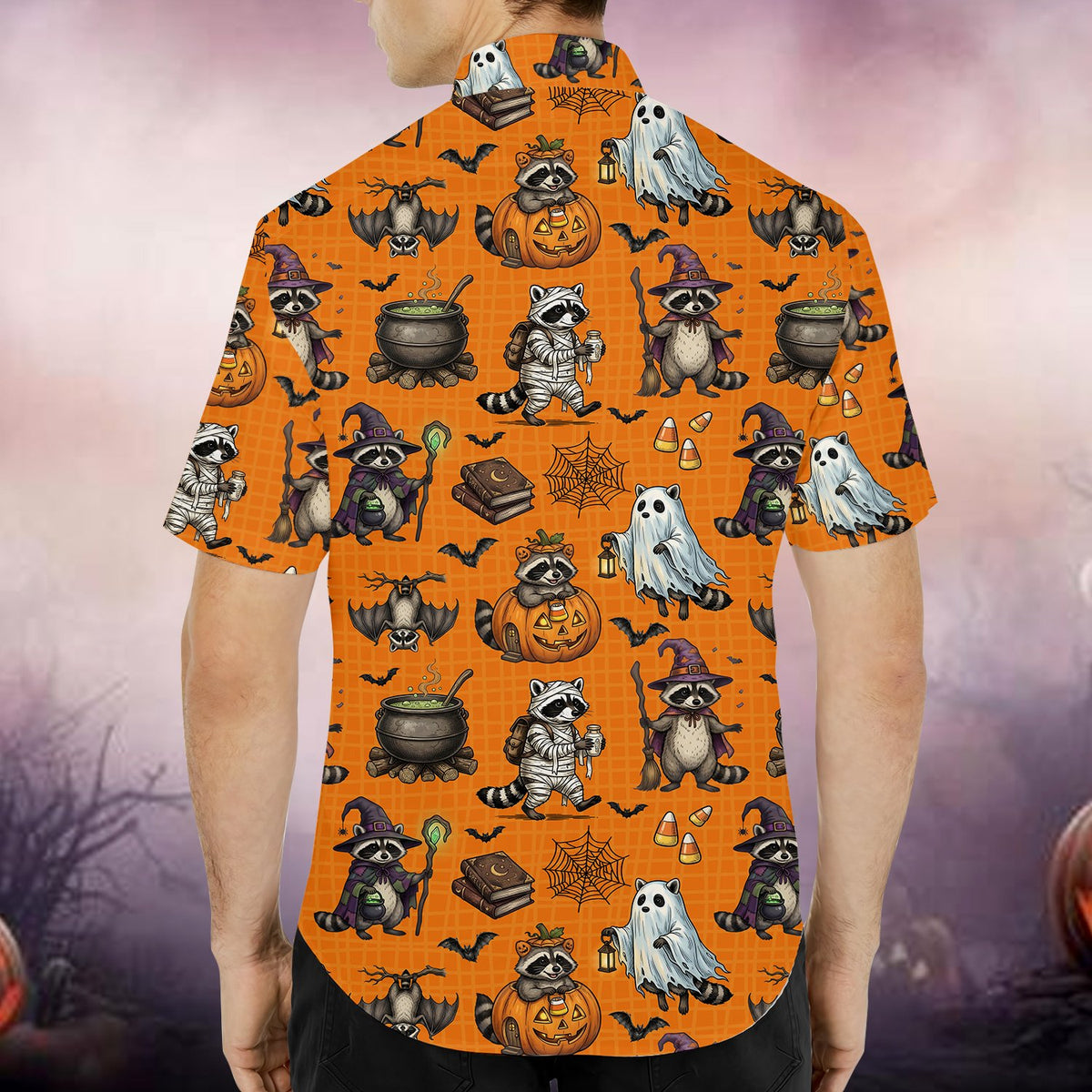 Halloween hawaiian shirt with raccoon pattern, back view