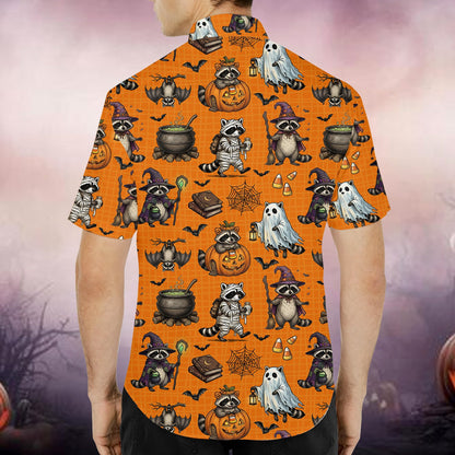 Halloween hawaiian shirt with raccoon pattern, back view