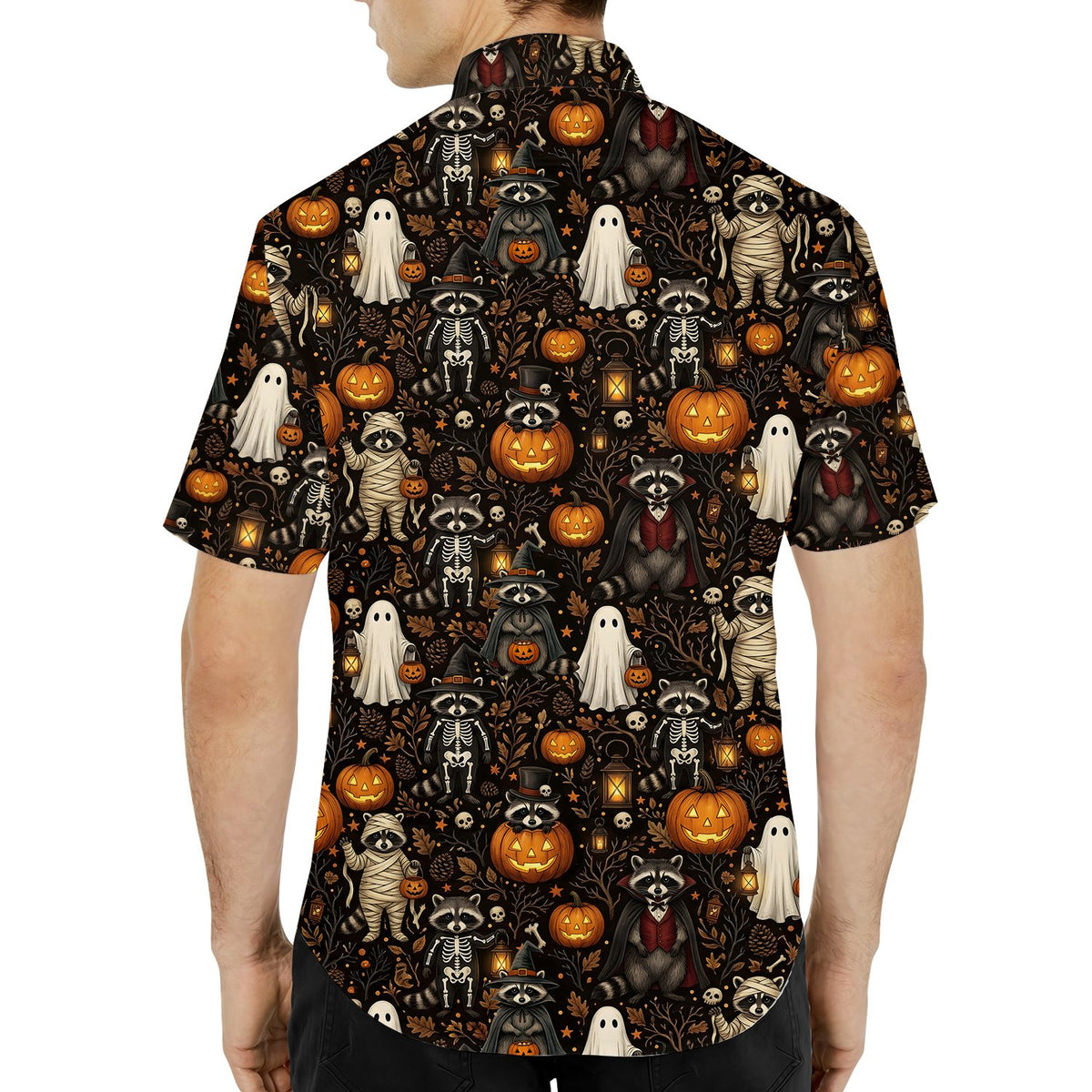 Halloween raccoon hawaiian shirt with skulls and bats, back view.