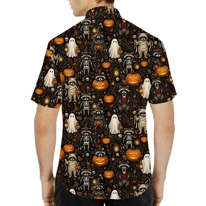 Halloween raccoon hawaiian shirt with skulls and bats, back view.