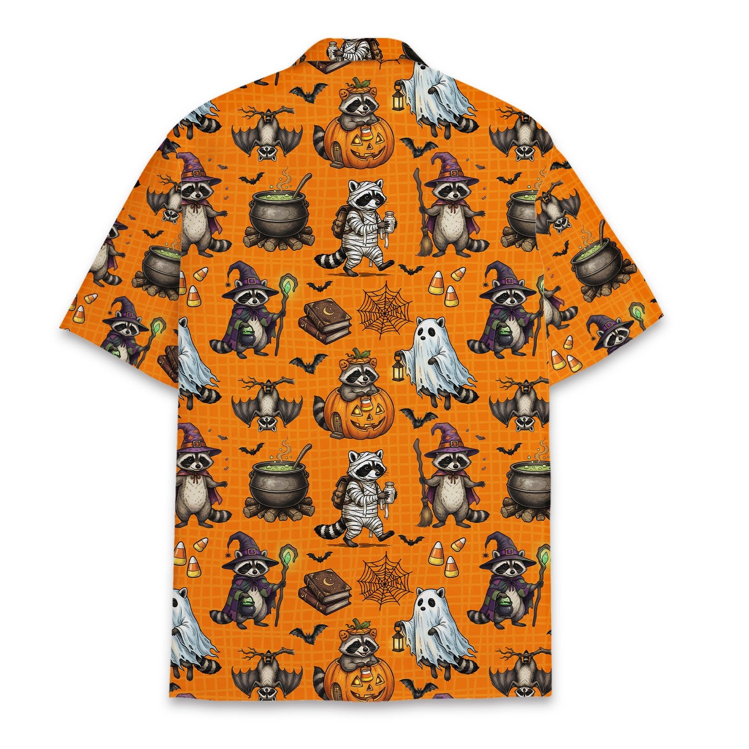 Family matching hawaiian shirts with orange raccoon print, back view
