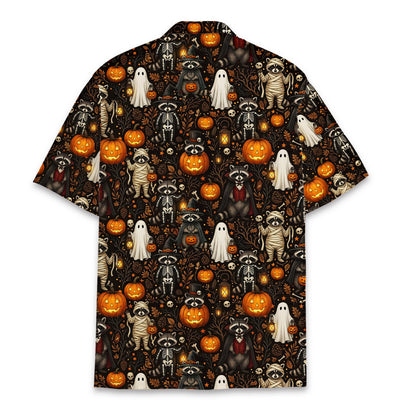 Halloween raccoon hawaiian shirt, back view showing the all-over print.