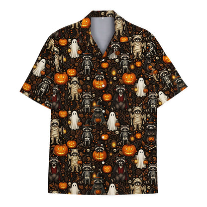 Halloween raccoon hawaiian shirt with spooky foliage pattern, front view.