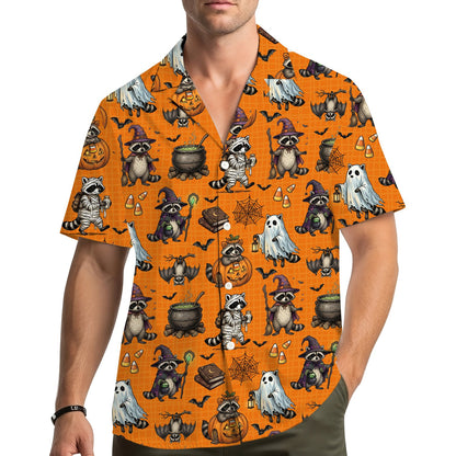 Matching family hawaiian shirts featuring a halloween raccoon design, alternate front view