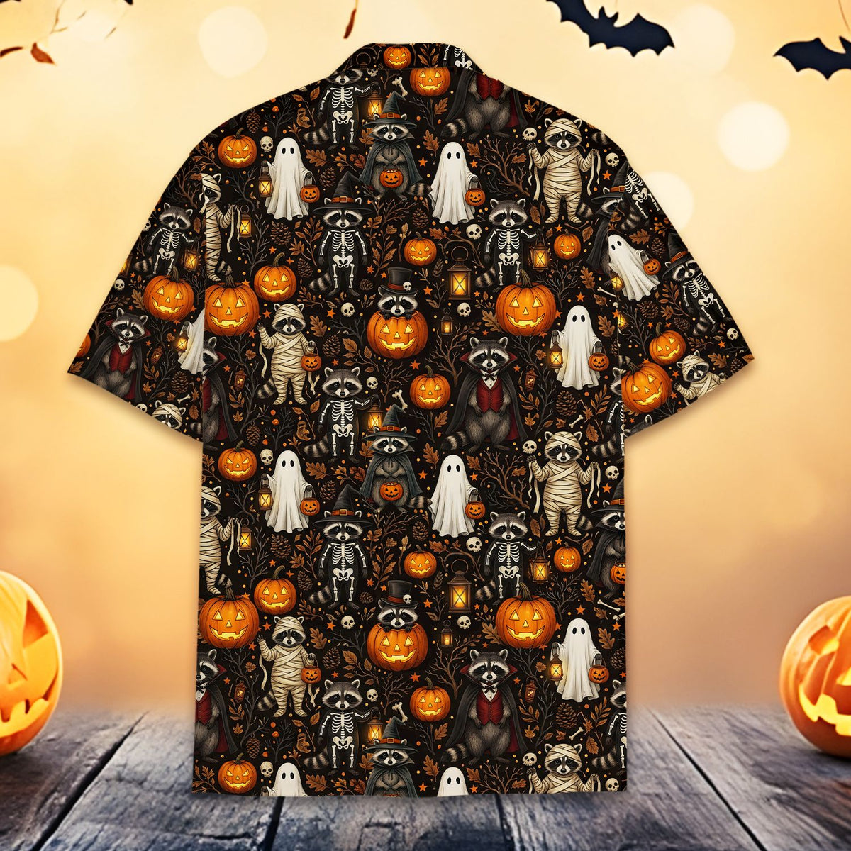 Festive halloween hawaiian shirt featuring costumed raccoons, front view.