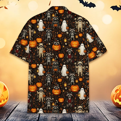 Festive halloween hawaiian shirt featuring costumed raccoons, front view.