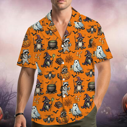 Halloween hawaiian shirt with raccoon pattern, front view