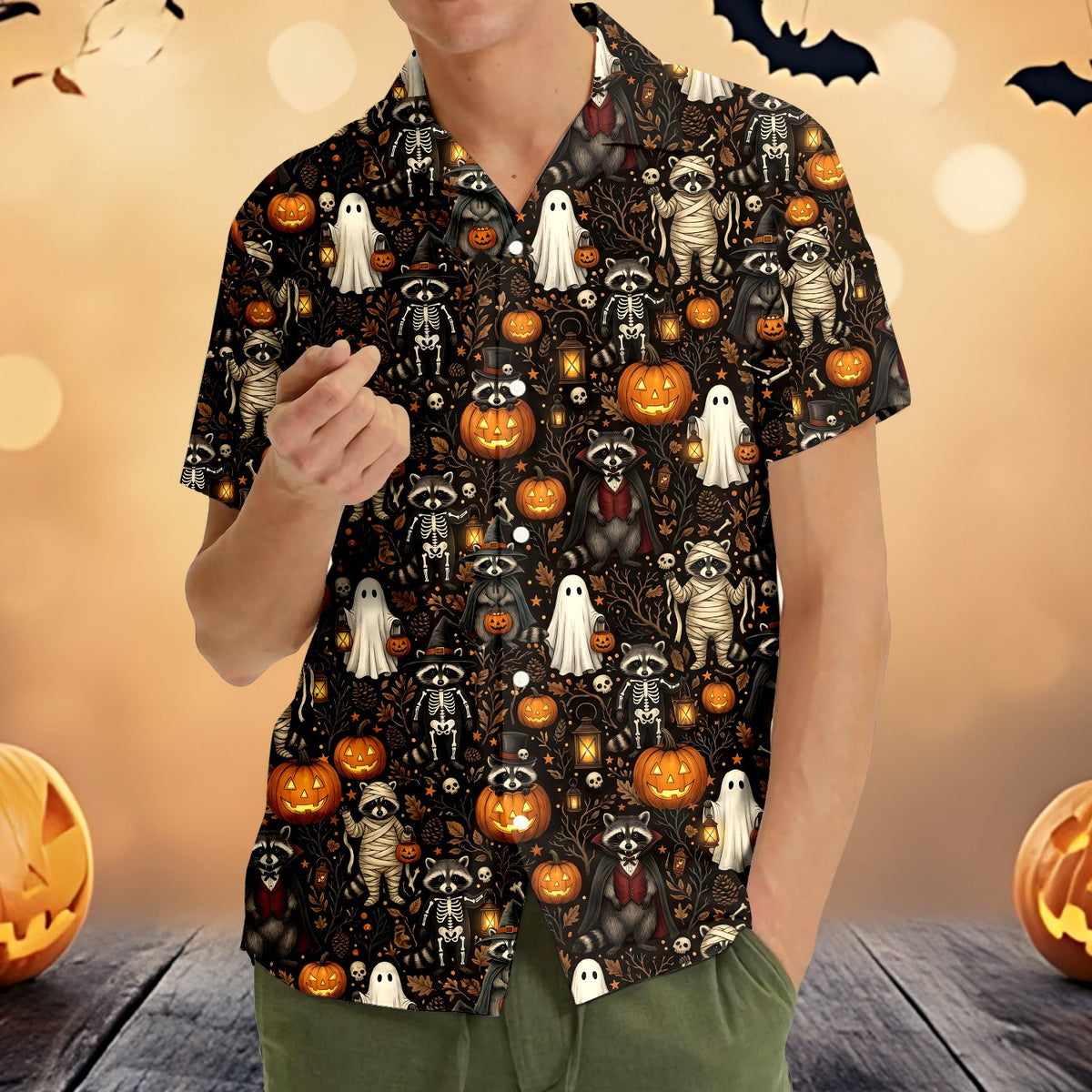 Dark background halloween raccoon hawaiian shirt, front view.