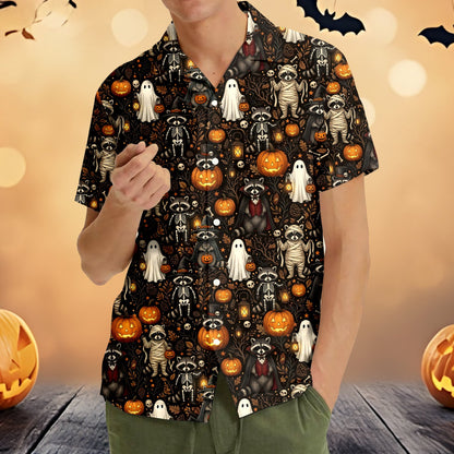 Dark background halloween raccoon hawaiian shirt, front view.