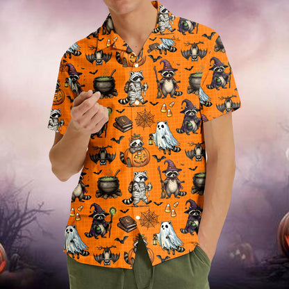 Family matching hawaiian shirts with orange raccoon print, front view