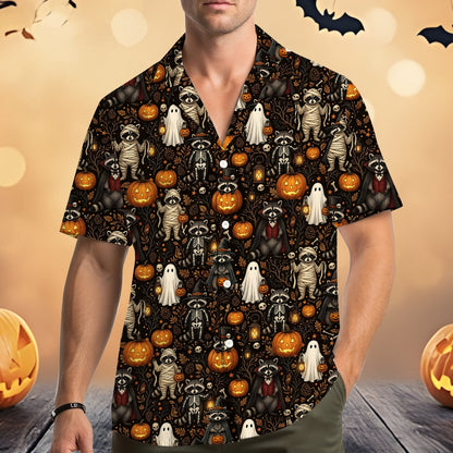 Matching family hawaiian shirts halloween raccoon on a dark background, front view.