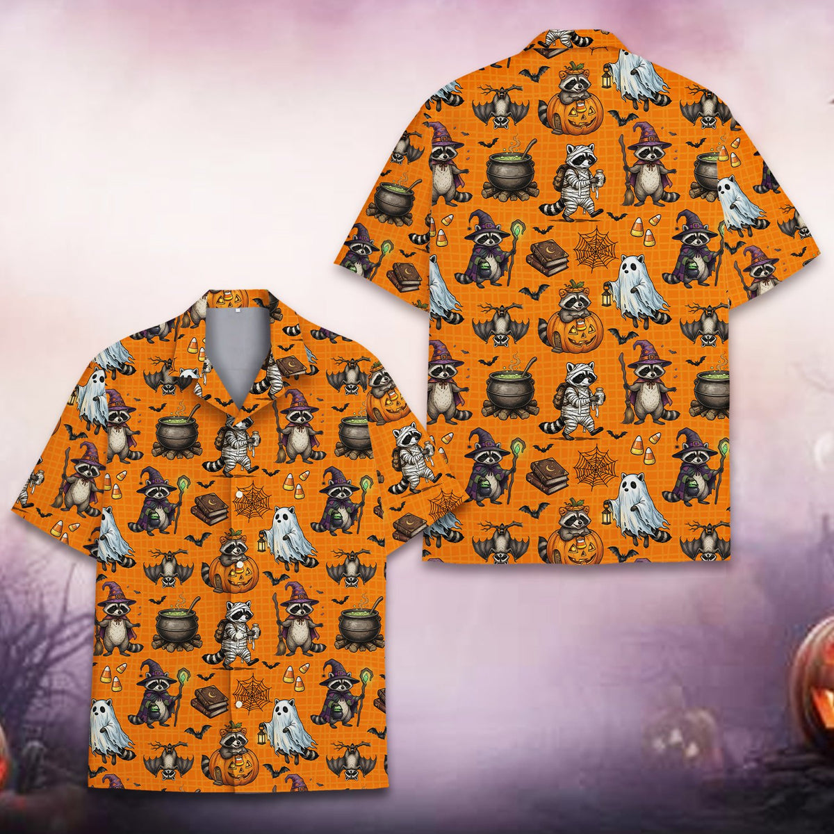 Halloween raccoon hawaiian shirt for matching family, front view