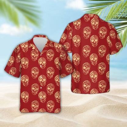 Red hawaiian halloween shirt with skull design, front view