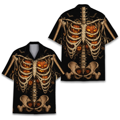 Second back view of the black and orange skeleton hawaiian shirt