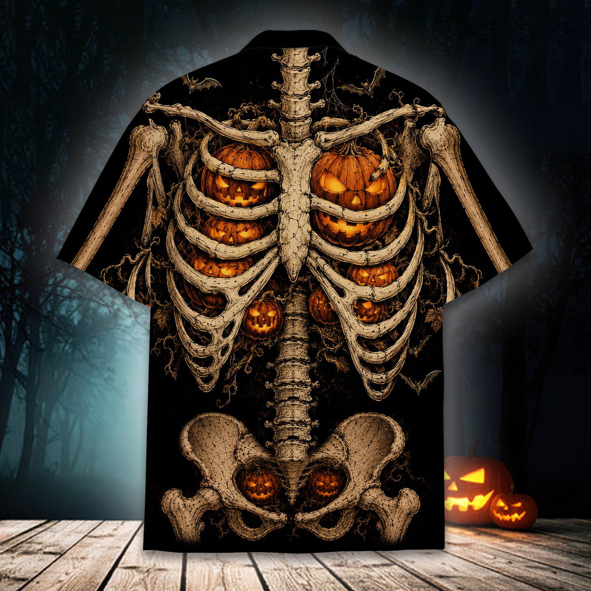 Back view of halloween skeleton jack-o'-lantern family hawaiian shirt