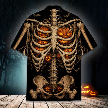 Back view of halloween skeleton jack-o'-lantern family hawaiian shirt