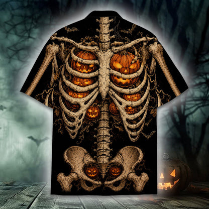 Close-up front view of halloween hawaiian shirt featuring jack-o'-lanterns in ribcage