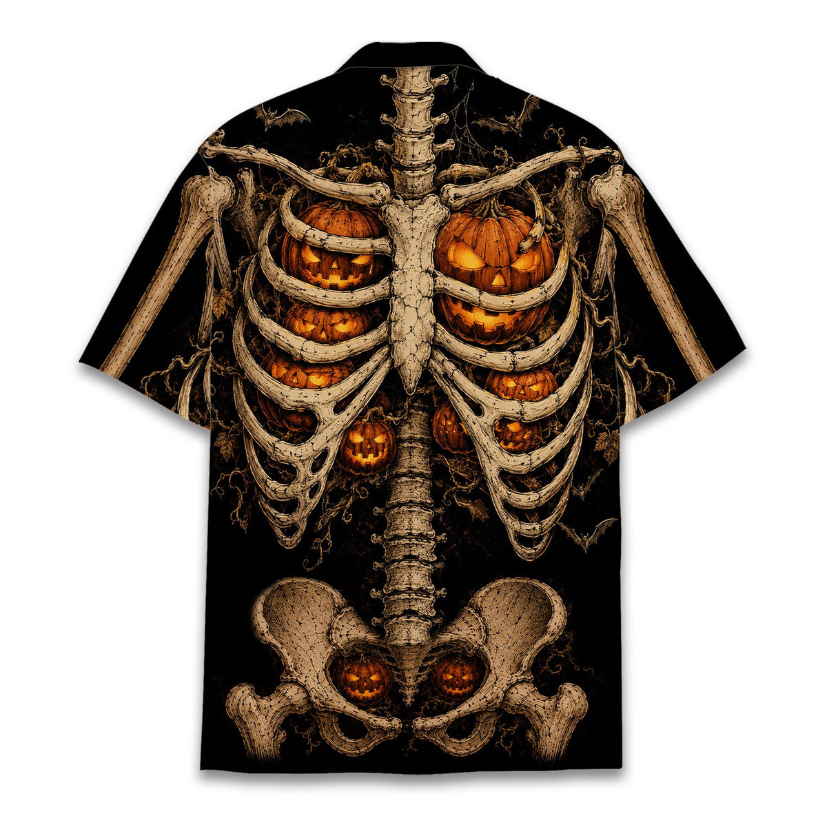 Front view of black matching family hawaiian shirts with skeleton ribcage design
