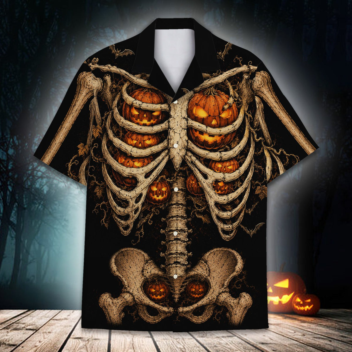 Lifestyle image of family wearing matching skeleton hawaiian shirts for halloween