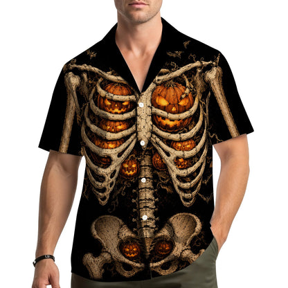 Detailed view of the fabric and print quality on the halloween skeleton hawaiian shirt