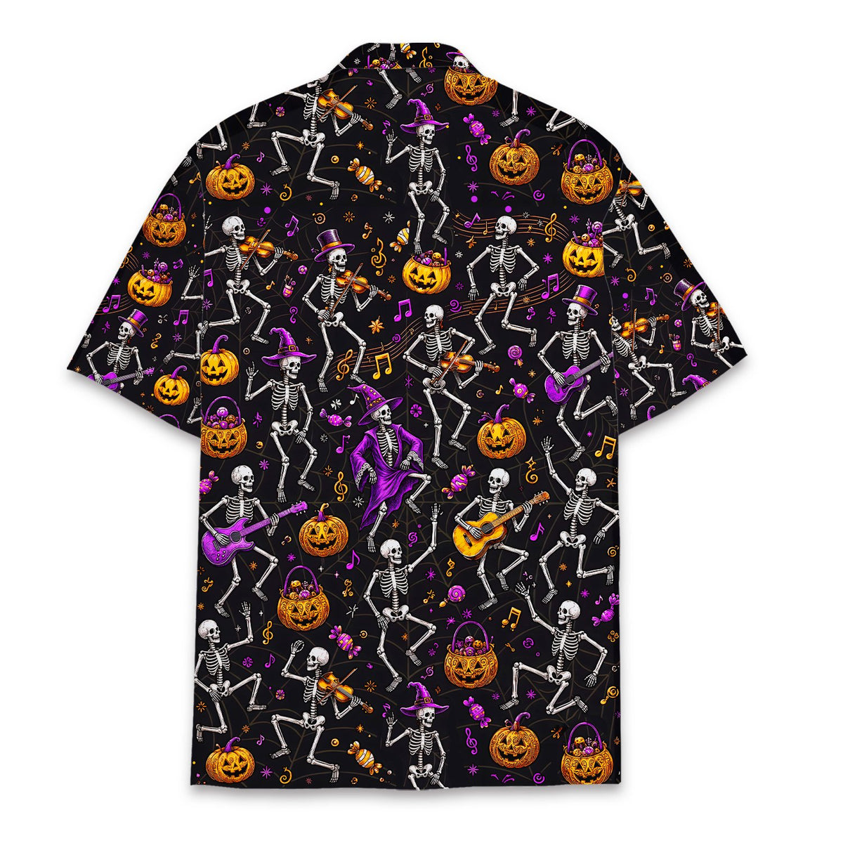 Back view of halloween skeletons and pumpkins hawaiian shirt