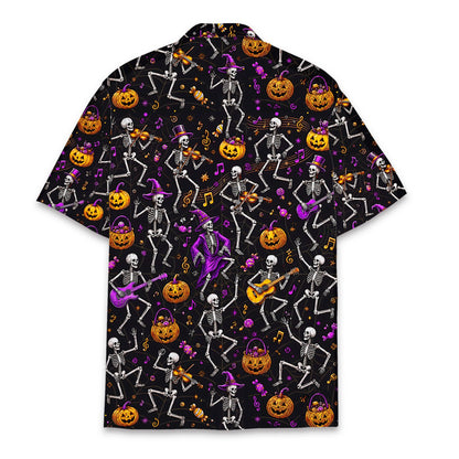 Back view of halloween skeletons and pumpkins hawaiian shirt
