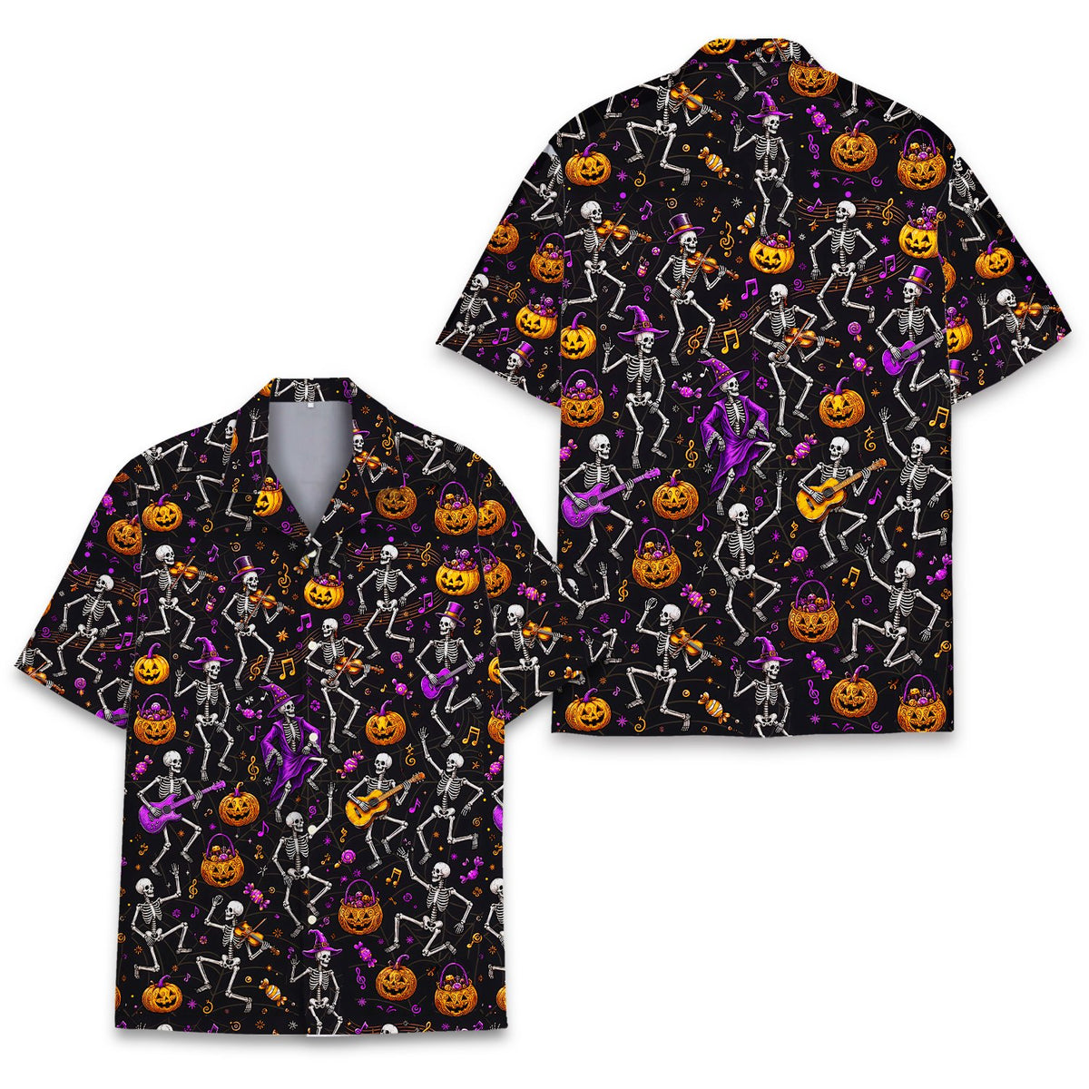 Detailed front view of dancing skeletons hawaiian shirt