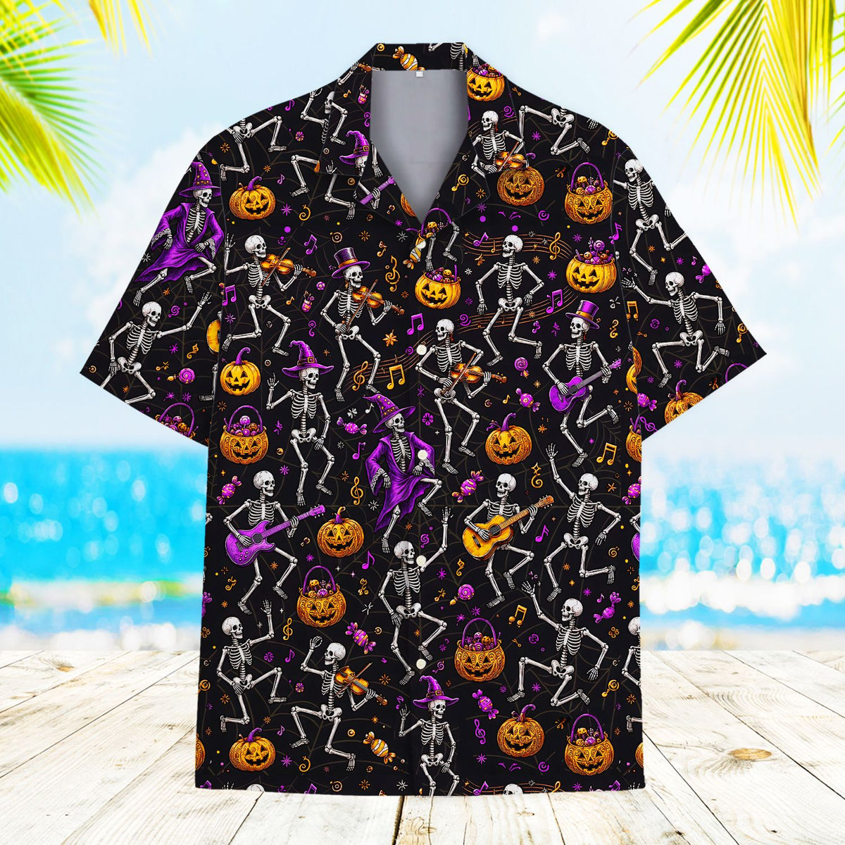 Halloween skeletons and pumpkins hawaiian shirt front view