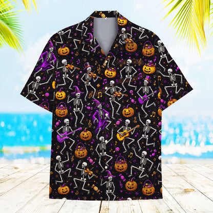 Halloween skeletons and pumpkins hawaiian shirt front view