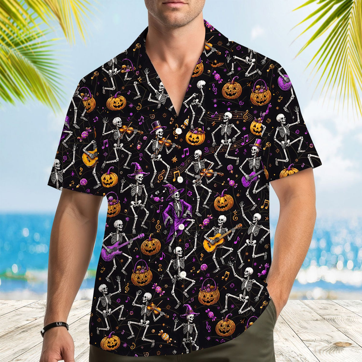 Person wearing halloween hawaiian shirt in lifestyle setting