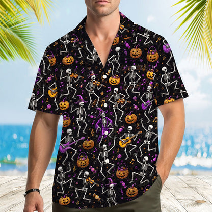 Person wearing halloween hawaiian shirt in lifestyle setting