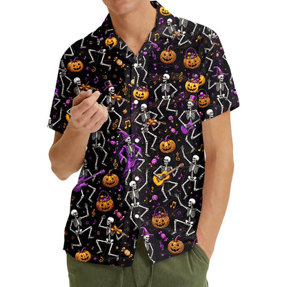 Lifestyle shot of black skeleton hawaiian shirt